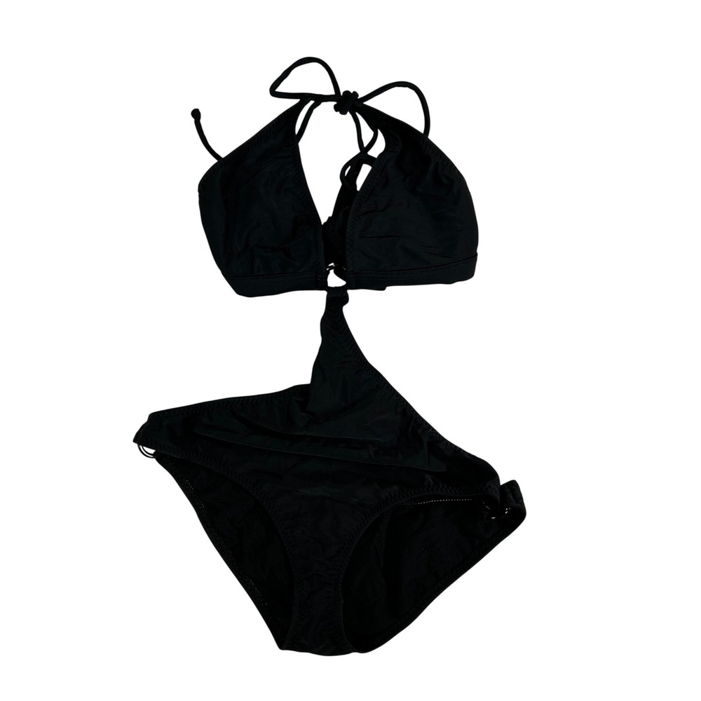 Zuliana VTG Y2K Black Monokini One Piece‎ Swimsuit Cut Out Halter Ring Large NWT